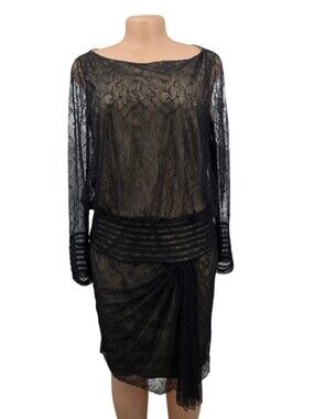 TADASHI SHOJI Black Illusion Long Sleeve Lace Midi Cocktail Dress EUC